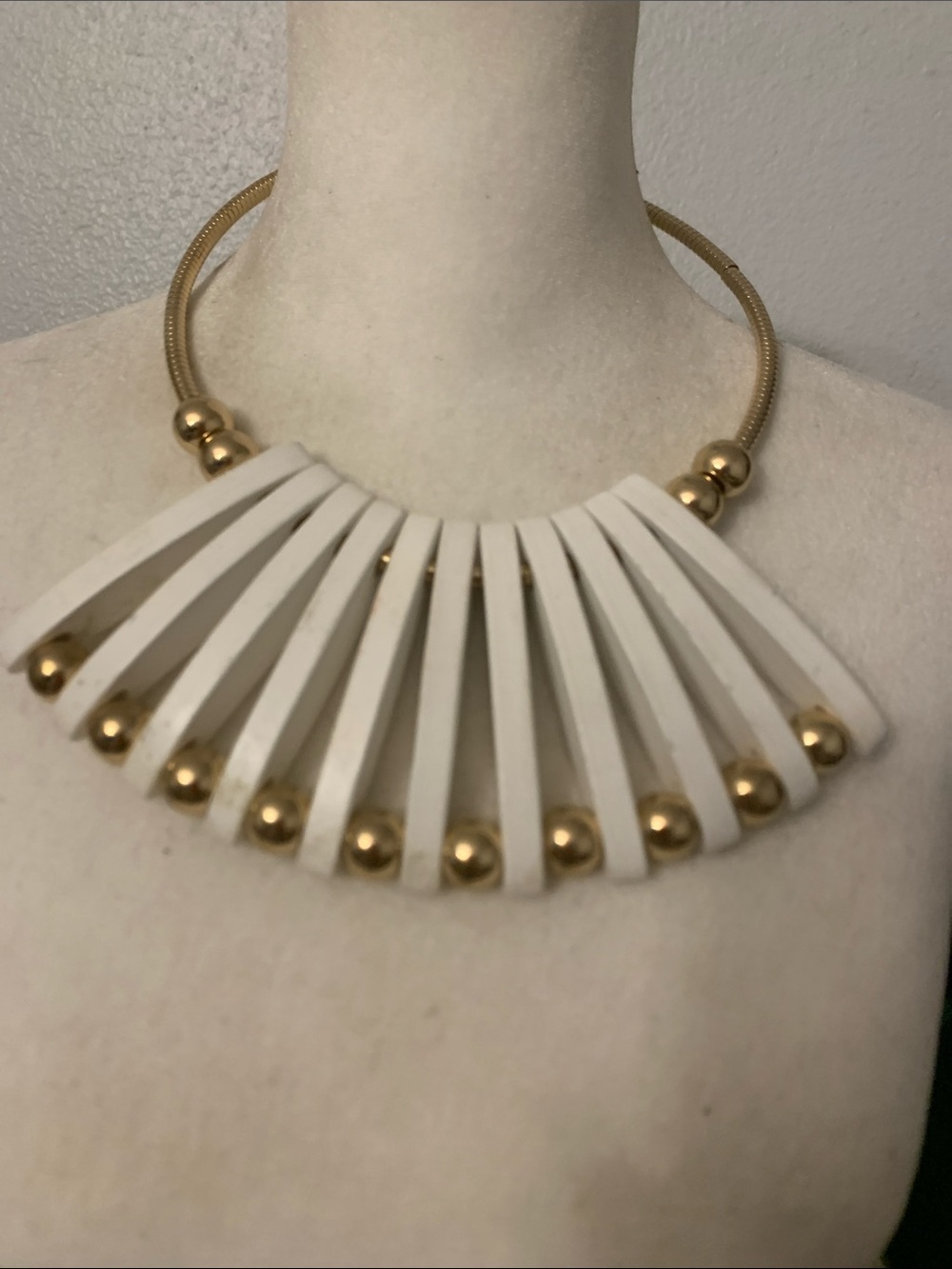 White Wooden and Gold Statement Fan Necklace